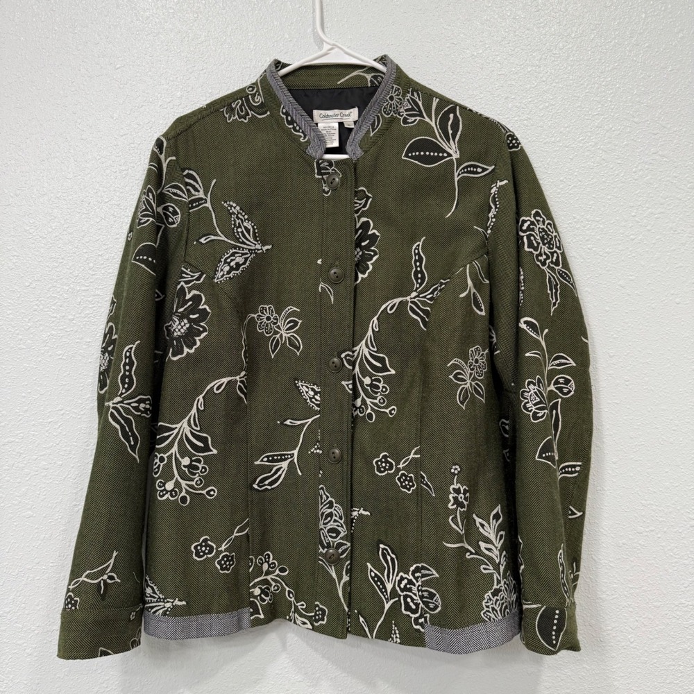 Coldwater Creek Olive Green Floral Print Blazer Jacket XL Textured Herringbone‎
